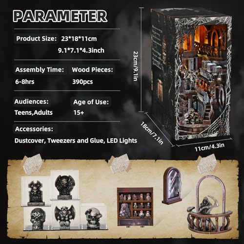 MiniCity Magic Booknook Building Set with LED Light, Mini Bookend Building Kit for Bookshelf & Home Decor, DIY Miniature Book Nook Building Model for Kids Adults Teens (Haunting Relics) - style: Haunting Relics