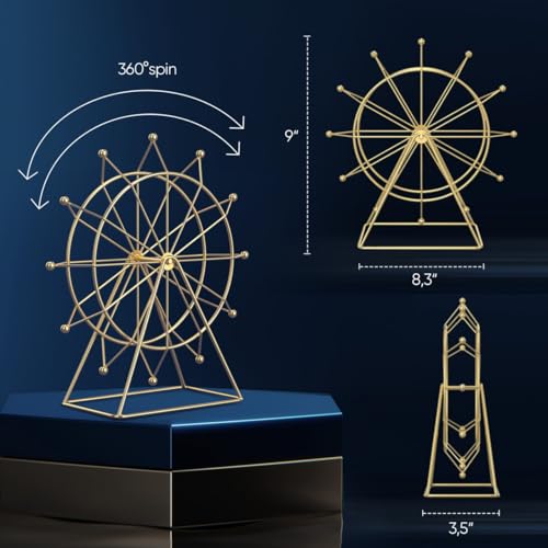 Ferris Wheel Bookshelf Decor Gold Modern Gift - Shelf Decor Accents Ornament - House Decorations Living Room - Fireplace or Desk Decor - Entryway Decor. (Art Deco)