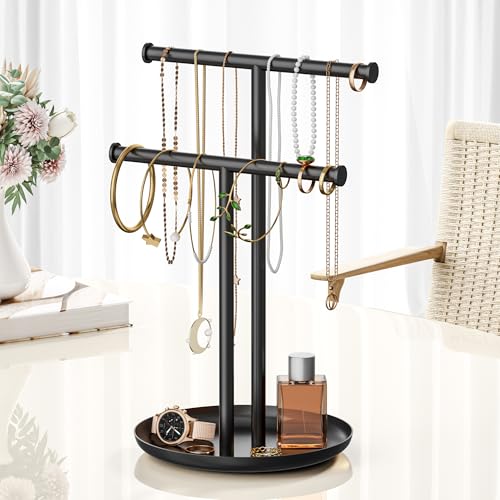Necklace Rack Stand with Storage Tray - 2 Rods T-Shaped Jewelry Holder Stand for Bracelets, Earrings, Rings | Elegant Vanity & Dresser Top Storage for Women, Black. - color: Black