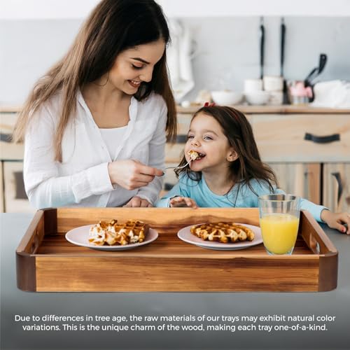17 x 13 Inch Acacia Wood Serving Tray with Handles, Decorative Wooden Tray Featuring Dark Walnut-Tone Curved Corner Accents for Coffee Table, Ottoman & Kitchen Counter... - color: Tray 17"x13"x2.5"