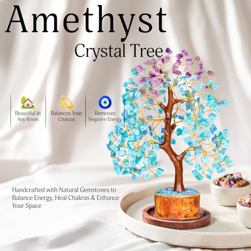 YATSKIA Amethyst and Turquoise Crystal Tree of Life - Crystal Decor - Spiritual Gifts - Crystals Gifts for Women - Gemstones and Crystals - color: Turquoise and Amethyst Golden Wire