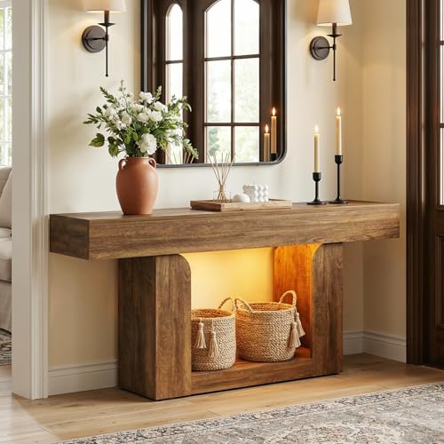 Homieasy Console Table, 63" Entryway Table with LED Lights & Charging Station, Farmhouse Wooden Sofa Table Behind Couch, Narrow Hallway Table for Living Room, Foyer, Entry, Rustic Oak - color: Rustic Oak, size: 63"