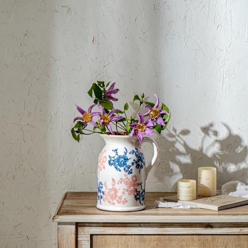 Pink Blue and White Pitcher Vase, 8 Inch Vintage Chinoiserie Ceramic Flower Vase, Rustic Retro Ice Cracked Antique Porcelain Vases for Home Farmhouse Table Centerpieces Shelf Decor ﻿ - color: Pink & Blue, size: Pitcher