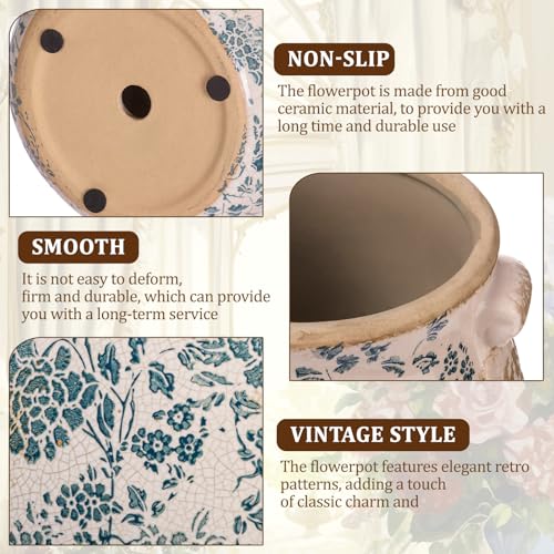 Ceramic Scroll Planter 6.5 Inch Chinoiserie Floral Vase with Drainage Holes Vintage Flower Vase Flower Pot Rustic Ceramic Pots for Indoor Plants Garden Home Bookshelf Decor(Indigo Blue) - style: Indigo Blue