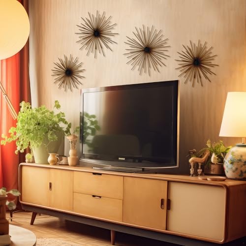Shimeyao 4 Pcs Metal Starburst Wall Decor Black Metal Wall Art 3D Spike Bling Finish Star Burst Hangings Accents Sculptures Set Modern Mid Century Decorations for Living Room Bedroom Entryway - color: Black, style: Spike
