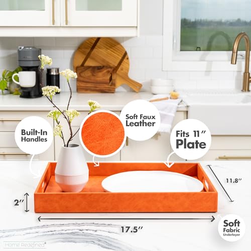 Home Redefined Beautiful Modern Elegant 17.5"x12" Rectangle Orange Faux Leather Decorative Tray Ottoman Coffee Table Perfume Living Room Kitchen Serving Tray with Handles for All Occasion's - color: Orange Leather