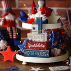 CroBlissful 4 Pcs 4th of July Decorations Patriotic Memorial Day Tabletop Decorations Red White Blue Table Centerpieces Sign for Office Tiered Tray Home Shelf 250th Anniversary(Firecrackers) - style: Firecrackers