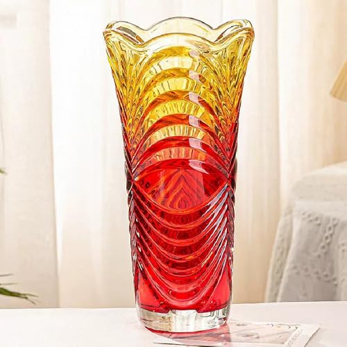 Large Red Striped Glass Vase-11.8 inch Tall,Modern Vase for Home Decor, Living Room Dining Tabletop Centerpiece Statement Office Decoration.