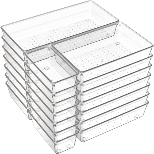 Criusia 21 Pack Large Clear Plastic Drawer Organizer Trays | BPA-Free Acrylic Organizer Bins for Large Kitchen Utensils, Bathroom, Makeup, Jewelries, Office Desk, School Supplies, Perfume - size: 21 Pack