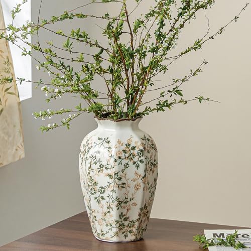 Ceramic Flower Vase | Green Rustic Farmhouse Vase for Home Decor, Vintage Floral Pottery Tuscan Octagonal Vase for Living Room & Kitchen, Mantel & Bookshelf, Centerpieces, Entryway, Wedding(9.1 Inch) - color: 02-green and Beige