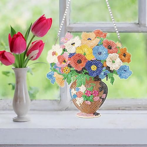 Auremi Vase Flower Diamond Art Hanging Kit for Adult, Special Shaped Rhinestone, DIY Acrylic 5D Flower Diamond Painting Window Pendants Signs, Home Garden Wall Hanging Ornament - color: Flower
