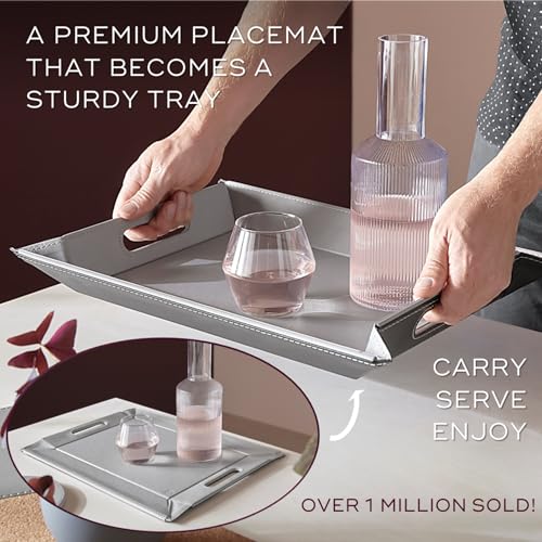 FREEFORM PLACEsMAT 2-in-1 Faux Leather Placemat & Serving Tray | Reversible Design, Lays Flat & Easy to Clean | Ottoman Food Tray, Perfect Housewarming Gift, 18” x 14” (Black & Mocha, Single)