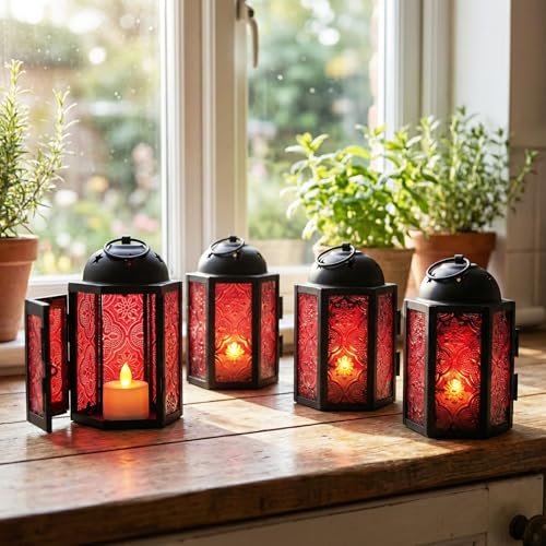 VELA LANTERNS Mini Moroccan Tea Light Candle Holder Lanterns – 4.25" Small Decorative Lantern for Table or Hanging, Metal with Glass Panels – Ramadan, Wedding, Home Decor, Ruby Red (Set of 4) - color: Ruby Red