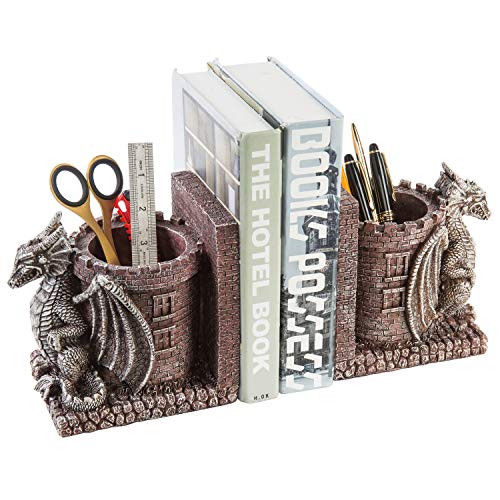 Bookends Dragon,Guard Castle Resin Decorative Bookends for Heavy Books with Pencil Holders, Fantasy Themed Book Holder for Home and Office - color: Stone Color