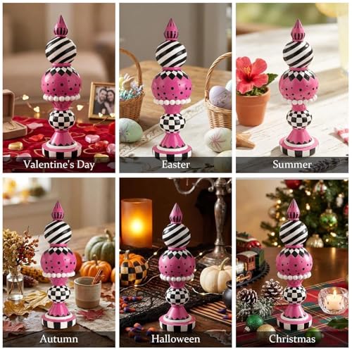 Pink Home Decorations, 15" H Large Pink Black and White Checkered Table Decor, Easter Halloween Christmas Resin Figurines Modern Sculpture Indoor Tabletop Centerpiece Mantel Shelf Desk Decor - color: Pink-1