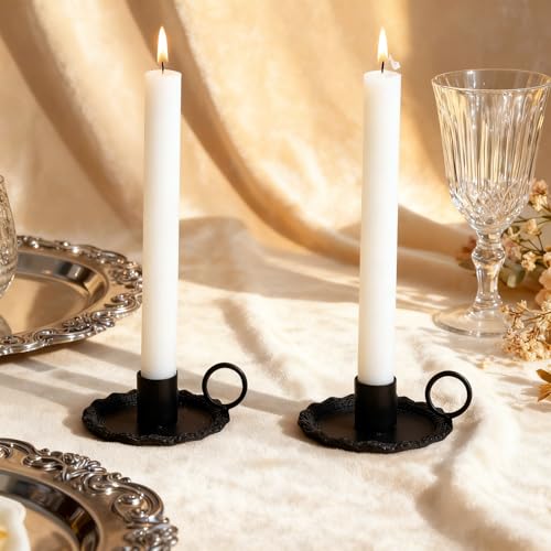 Taper Candle Holders Set of 2 Vintage Candlestick Holders Candlelight Stand with Handle for Home Wedding Table Decor (Black) - color: Black