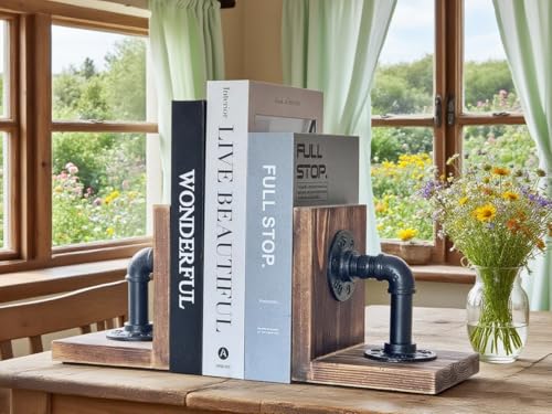 Wooden Bookends for Heavy Books Realistic Industrial Pipe Design Farmhouse Bookends for Home Office(Pipe Light Brown) - color: Light Brown Pipe
