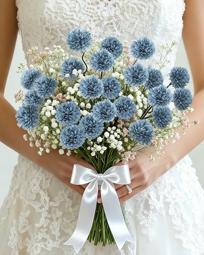 DuHouse 6pcs Artificial Flowers Faux Silk Pompon Mum,Silk Small Mini Chrysanthemum Ball with Stems for DIY Bouquets Centerpieces Vase Home Table Kitchen Decorations(Dusty Blue) - color: Dusty Blue, size: 6pcs