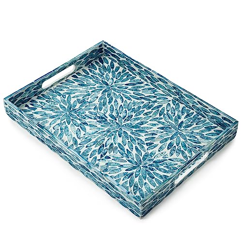 CLAYNIX Serving Tray 15.7" X11.8", Lacquer Mother of Pearl Inlay Mosaic Tray, Rectangle Wooden Marble Tray with Handles Trays for Tea, Breakfast in Bed, Table (Flower Style) - color: Flower Style