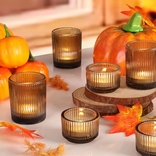 NITIME 10pcs Ribbed Amber Votive Candle Holders, Assorted Glass Tea Light Candle Holders for Fall Decor, Amber Candle Holders for Wedding Centerpieces, Thankgiving and Christmas Decorations - color: Amber