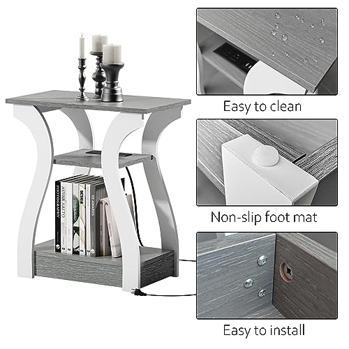 FROMJBEST End Tables Living Room, Grey End Table with Charging Station, Grey Side Table, Nightstand for Bedroom, 3 Tier End Table with Storage Shelf for Living Room - color: Grey
