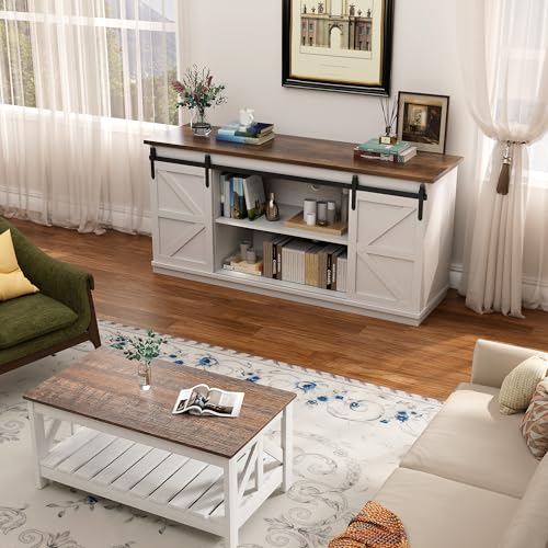 YESHOMY Farmhouse TV Stand for Televisions up to 65 Inches, Sliding Barn Doors and Storage Cabinets, Console Table and Media Furniture for Living Room, 58 Inch, White - color: White, style: Sliding Barn Doors TV Stand