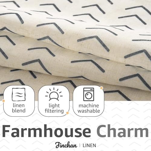 jinchan Boho Linen Blend Kitchen Curtains 24 Inch Length Herringbone Printed Tier Curtains for Small Windows Bathroom Cafe Laundry Room Set of 2 Rod Pocket Black on Linen - color: Arrow | Black on Linen, size: 26"W x 24"L (Pack of 2)
