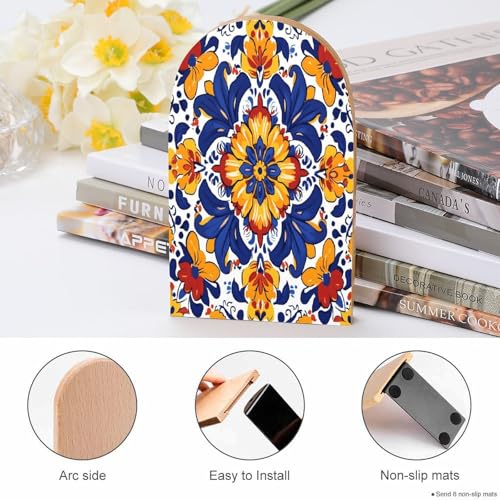 Wood Bookends 2 Pack, Hippy Mexican Talavera Mandala Non-Skid Heavy Duty Bookends for Shelves & Desks, Decorative Book Holders/Supports for Home Office/Library/School, 5x3x3.9 Inch