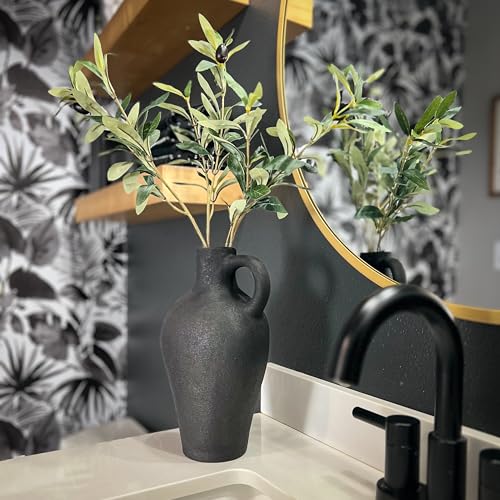 Luxurious Gift Set Textured Ceramic Vase 10 Inch with Olive Branches 22 Inch Tall Black Medium Vase Artificial Topiaries Fake Plants, Minimalist Shelf Decor, Neutral Home Office High End Gifting Decor - color: Black