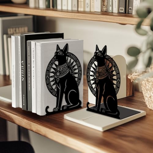 Peacoblue Metal Bookends for Shelves, Modern Decorative Heavy Duty Study Book Ends Stoppers for Office, Desk, Shelf, Room 5.3"x4.3"x7.9" Cast Iron Simple Tall Bookends 1 Pair (Egyptian Cat) - style: Egyptian Cat