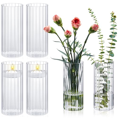 6 Pcs 8 Inch Tall Glass Ribbed Cylinder Vases Clear Floating Candle Flower Vase in Bulk, Hurricane Candle Holder for Wedding Housewarming Gift Table Centerpieces - color: Clear, size: 8 Inch