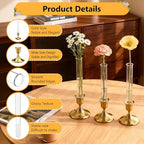 6 Pack 7.9" Glass Bud Vase for Candlesticks & Brass Gold Taper Candle Holder Set, Flower Vase with Silicon Rubber Case Fits Candlestick Size 20-22mm for Tablescapes, Weddings, Home Decor