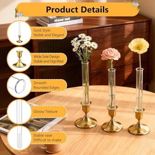 6 Pack 7.9" Glass Bud Vase for Candlesticks & Brass Gold Taper Candle Holder Set, Flower Vase with Silicon Rubber Case Fits Candlestick Size 20-22mm for Tablescapes, Weddings, Home Decor