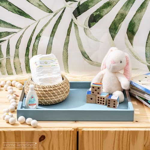 Modern 17.5"x12" Rectangle Baby Light Blue Glossy Shagreen Faux Leather Decorative Tray Ottoman Coffee Table Perfume Living Room Kitchen Serving Tray with Silver Metal Handles by Home Redefined - color: Baby Blue/Silver