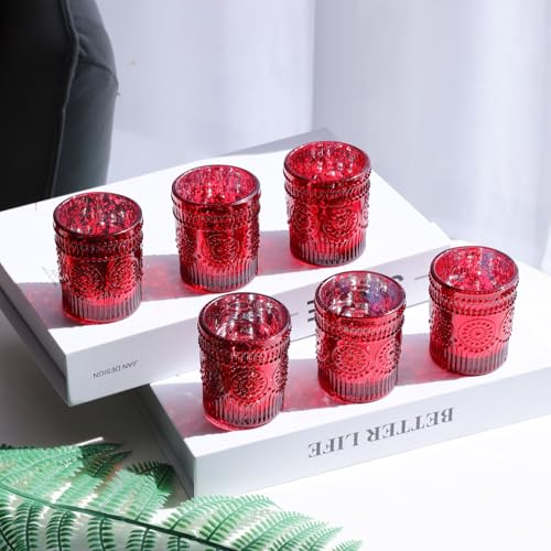 VOHO Red Mercury Glass Candle Holder Set of 12, Boho Sunflower Red Votive Candle Holders for Table Centerpiece, Festive Tealight Candle Holder for Christmas, Thanksgiving, Valentines Day Decorations - color: Red