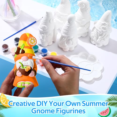 Arrowbash 6 Pcs Summer Ceramics to Paint Ready to Paint Your Own Gnome Statues 5.12 Beach Theme Paintable Figurines DIY Unpainted Ceramics Plaster Crafts Kit with Brush Palette - style: Summer