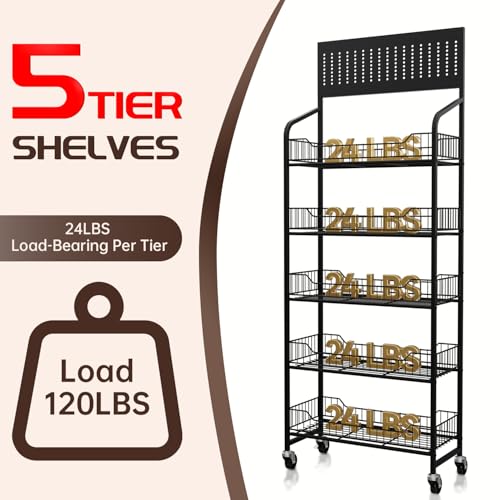 5-Tier Metal Display Rack Large Snack Shelving Unit with Hanging Panels and 12 Hooks 4 Casters for Easy Mobility Freestanding Display Unit Ideal for Supermarkets and Retail Stores (65.23H*23.8W*10.4D) - size: 65.23H*23.8W*10.4D