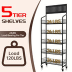 5-Tier Metal Display Rack Large Snack Shelving Unit with Hanging Panels and 12 Hooks 4 Casters for Easy Mobility Freestanding Display Unit Ideal for Supermarkets and Retail Stores (65.23H*23.8W*10.4D) - size: 65.23H*23.8W*10.4D
