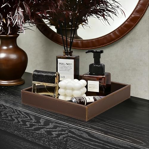 HofferRuffer Faux Leather Vanity Tray, Elegant Desktop Storage Organizer, Decorative Catchall for Perfume, Bathroom Valet, Nightstand or Dresser, 10 x 10 x 1.8 inches (Brown) - color: Brown, size: 10" x 10" x 1.8"