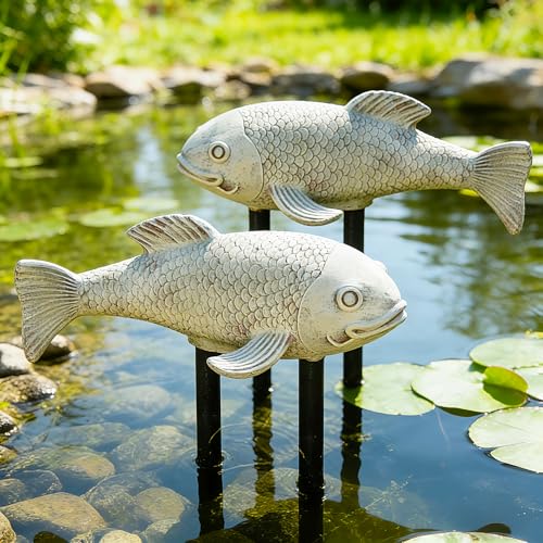 Teaeeno Set of 2 Antique Koi Fish Statue, Outdoor Garden Sculpture for Patio, Backyard, Pond, and Home Decor (White) - color: White