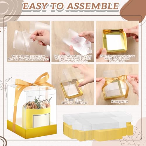Cunno 36 Set 3.5 x 3.5 x 4.3 in Candle Gift Package Valentine's Transparent Box 4-18 oz Handmade Tealight Candle Holder Paper Bottom Ribbon for Wedding Baby Shower Party Mug(Gold) - color: Gold