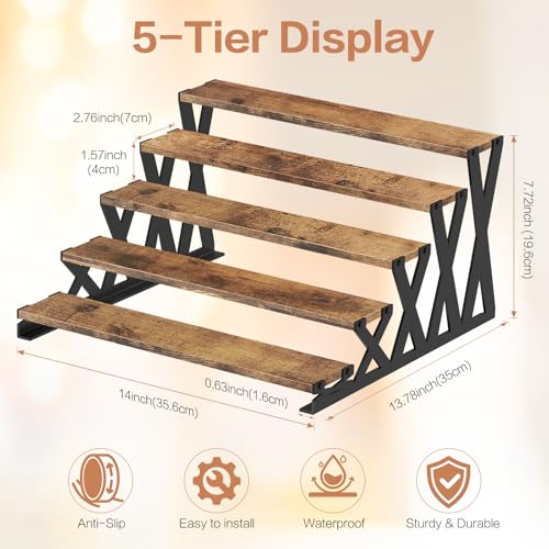 KALYLOC 5 Tier Wooden Display Riser Stand 13.8 Inch Metal Step Perfume Stand Organizer Tabletop Tiered Display Shelf Rack for Cologne Cupcake Spice Figures Cosmetics Candles (Brown, X-Shape) - color: Brown, size: 5 tier-X shape