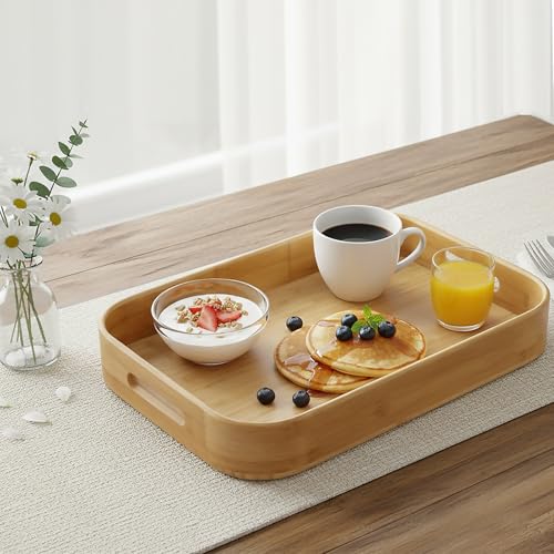 Dicunoy Set of 2 Bamboo Serving Tray, Solid Wood Breakfast Tray with Handles and Arc Angles, Large Size for Food, Dinner, Tea, Coffee, Bar, Parties, 15.6" L x 10.8" W /12.6" L x 8.5" W