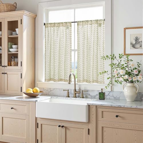 jinchan Boho Linen Blend Kitchen Curtains 36 Inch Length Herringbone Printed Tier Curtains for Small Windows Bathroom Cafe Laundry Room Set of 2 Rod Pocket Green on Linen - color: Arrow | Green on Linen, size: 26"W x 36"L (Pack of 2)