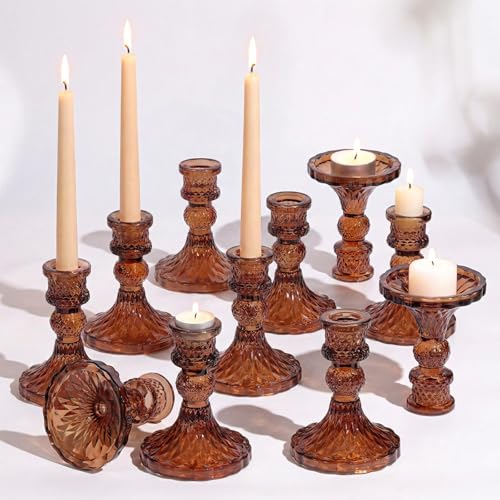 Amber Candle Holder Set of 12, Glass Taper Candle Holders, Amber Candlestick Holders, Candle Stick Holder for Table Centerpieces, Vintage, Home Decor - color: Amber