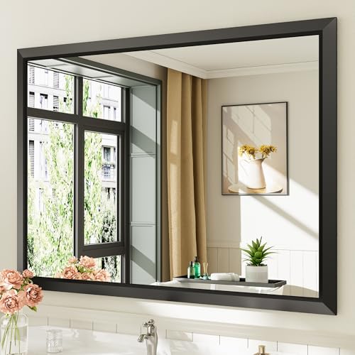 Briivue 48x36 Inch Black Bathroom Mirror for Wall, Thick Metal Framed Rectangle Mirrors for Over Sink, Bedroom, Living Room, Entryway, Anti-Rust, HD Tempered Glass - color: Black, size: 48"L x 36"W