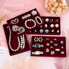 4 Pack Stackable Velvet Jewelry Trays Organizer Drawer Inserts Container Display Storage Box for Necklaces Bracelets (Red)