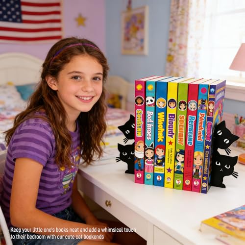 Cute Cat Bookends - Novelty Decorative Shelf Organizer, Textured Metal Finish, Non-Slip, 7.5x6.3 Inch, Rounded Corners for Kids' Picture Books & Office Desks (Black)