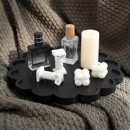 BreezeHug Black Decorative Serving Tray Wood 12.6 Inch Scalloped Serving Tray Round Wooden Display Plate with Scalloped Borders for Coffee Table Living Room Bedroom Entryway Decoration - color: Black