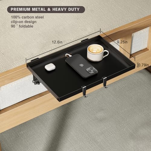 Magheo Bedside Shelf Foldable, Metal Clip-On Bunk Bed Table Shelf for Top Bunk Heavy Duty Bed Side Table Tray for College Dorm Room Essentials, Loft Nightstand Organizer Tray with 1 Cord Hole(Black) - color: Black, size: 12.6" x 9.28" x 0.79"